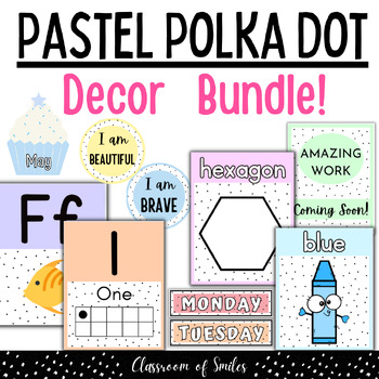 Preview of Pastel Rainbow Polka Dot Classroom Decor Bundle - Alphabet Number Shape Posters