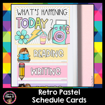 Preview of Pastel Retro Schedule Cards Visual Timetable EDITABLE | Retro Classroom Decor