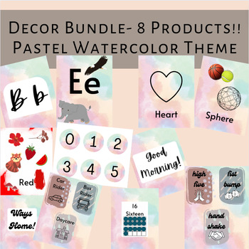 Preview of Pastel Watercolor FULL DECOR BUNDLE 8 Products!!