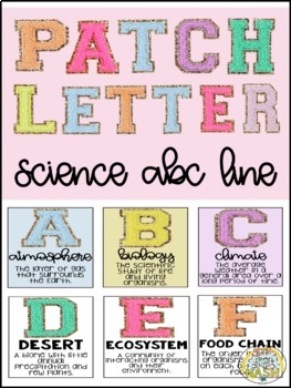 Preview of Science Patch Letter Varsity Alphabet Posters ABCs Line Vocab Classroom Decor