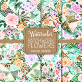 Patchwork Flowers Set 2 - Watercolor Quilt Collage Digital