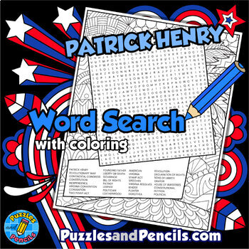Preview of Patrick Henry Word Search Puzzle with Coloring | Founding Fathers Wordsearch