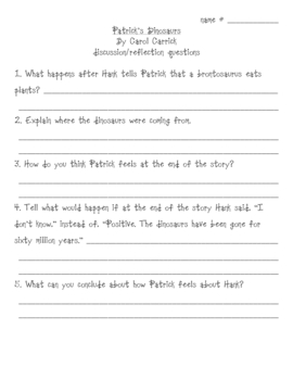 Patrick's Dinosaurs comprehension worksheet/quiz by Mrs. M's Great Stuff