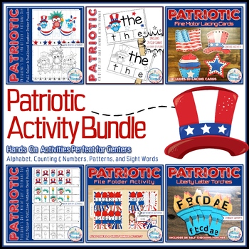 Preview of Patriotic Fine Motor Math and Literacy Activities Bundle for Centers or Stations