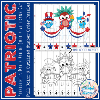 Preview of Patriotic Number Order Puzzle Bundle 4th of July Math Centers {color & outlined}