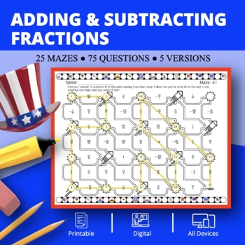 Preview of Patriotic: Adding & Subtracting Fractions Maze Activity