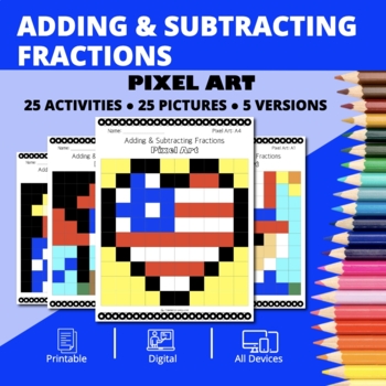Preview of Patriotic: Adding & Subtracting Fractions Pixel Art Activity