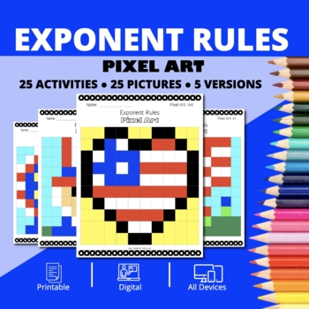 Preview of Patriotic: Algebra Exponent Rules Pixel Art Activity