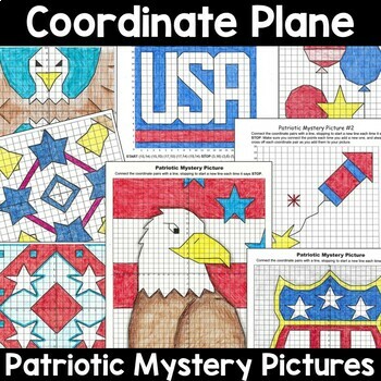 Preview of Patriotic Coordinate Plane Mystery Graphing Pictures BUNDLE