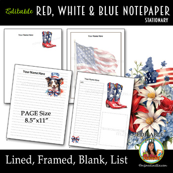 Preview of Patriotic Editable Stationery,  Red White & Blue Pages, Digital Planner, Lined 