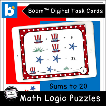 Preview of Patriotic Math Logic Puzzles Sums to 20 Digital Task Cards Boom Learning