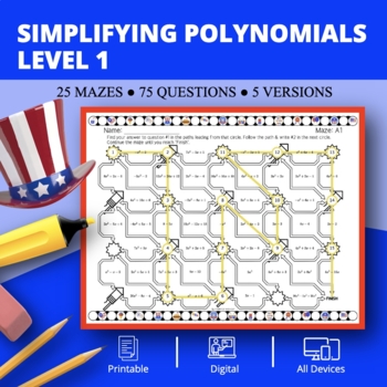 Preview of Patriotic: Simplifying Polynomials Level 1 Maze Activity
