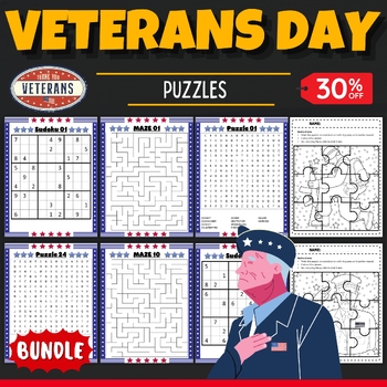 Preview of Patriotic Veterans Day, Patriots Day Puzzles With Solutions Activities BUNDLE