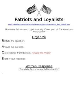 Preview of Patriots and Loyalists R.A.C.E Online Writing Assignment  W/Article
