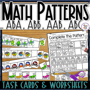 Preview of Bug Pattern Activity Task Cards & Worksheets ABAB, ABB, AAB, ABC Bundle
