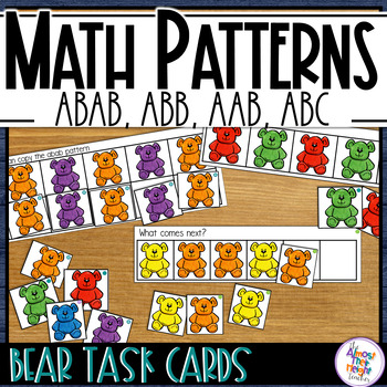 Preview of Pattern Bear Activity Task Cards with AB, ABB, AAB, ABC, Missing Patterns
