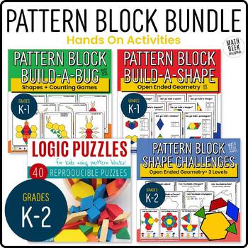 Preview of Pattern Block Activities Bundle - Grades K-2 - Shapes, Counting, Logic - PRINT