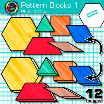 Preview of Pattern Block Clipart Images: Classroom Math Clip Art Commercial Use PNG B&W