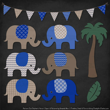 Blue & Grey Chevron Elephants Chevron Pattern Clipart & Digital Paper 