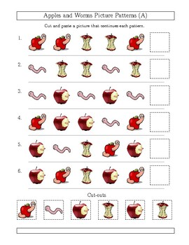 Preview of Pattern worksheet page with shape attributes only for apple and worm pictures