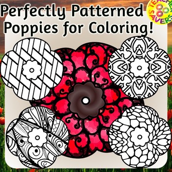 Preview of Patterned Poppies Coloring Clip Art Set Commercial and Personal Use