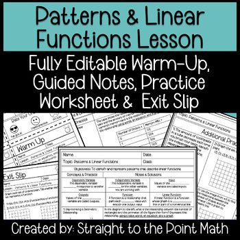 Preview of Patterns & Linear Functions | Warm Up | Notes | Practice | Exit Slip