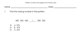 Patterns and Algebra Practice Math Test