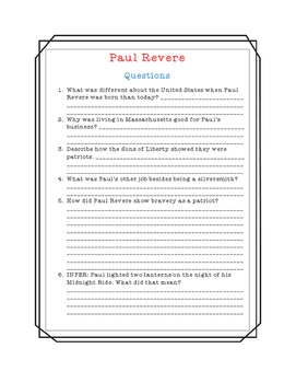 Paul Revere Close Read, Comprehension, and Writing Packet by