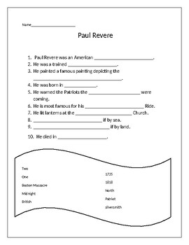 Paul Revere Fill in the Blank by ATL teacher | Teachers Pay Teachers