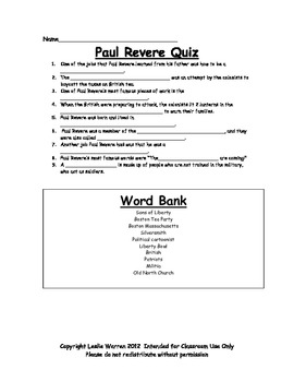 Paul Revere Fill-in-the-Blank Quiz by Miss Leslie | TpT