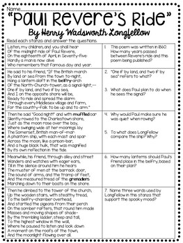 Paul Revere's Ride Longfellow Reading Comprehension Worksheet