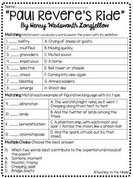 Paul Revere's Ride Longfellow Reading Comprehension Worksheet