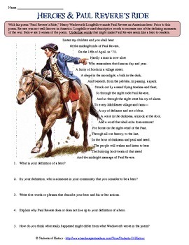 Preview of Paul Revere's Ride Poem Analysis Worksheet