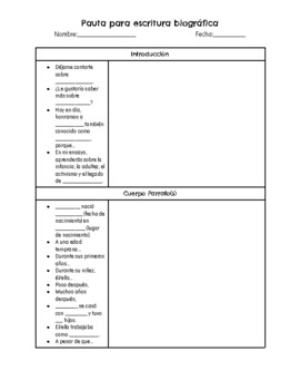 Preview of Pauta para escritura biografica/ sentence starters in Spanish