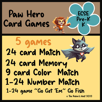 Preview of Paw Hero Themed Card Games Matching, Numbers, Colors for ECSE, Pre-K, K
