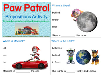 Preview of Paw Patrol: Prepositions Activity