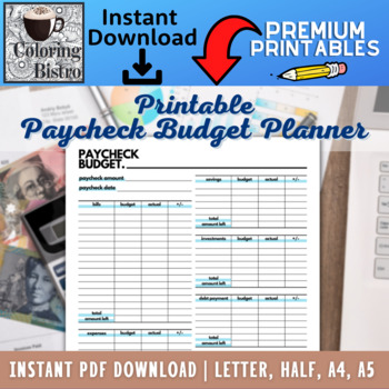 Preview of Paycheck Budget Printable - PDF - A4 - A5 - Letter - Half Letter