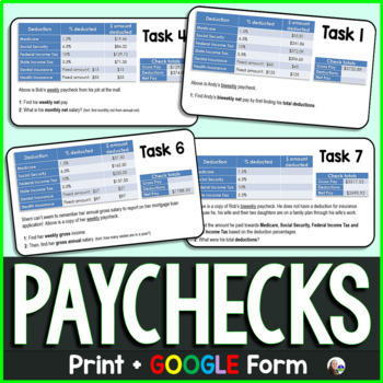 Preview of Paycheck Task Cards Financial Literacy Activity - print and digital