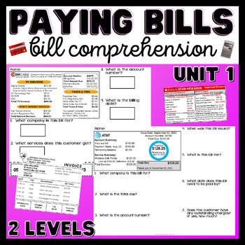 Preview of Paying Bills/ Bill Comprehension - Unit 1 - Life Skills