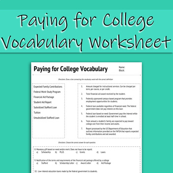 Preview of Paying for College Vocabulary Worksheet (Distance Learning Friendly)