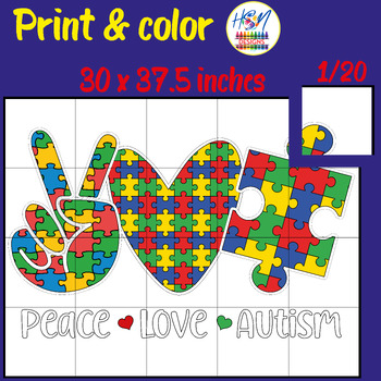 Preview of Peace, Love & Autism Awareness Day Collaborative Coloring Poster Bulletin Board