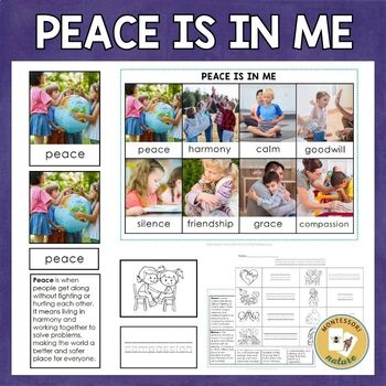 Preview of Peace is in Me 3 Part Cards Definitions Coloring Tracing Montessori