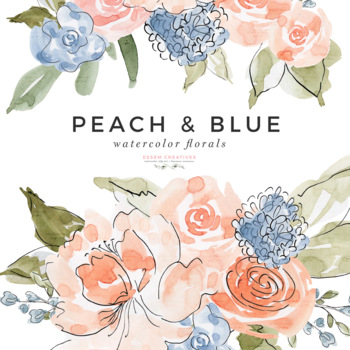 Download Peach Pink Blue Watercolor Flowers Clipart Black Line Art Floral Wreath Frames