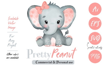 Download Peach Pink Bow Watercolor Girl Baby Elephant Clipart by adlydesigns