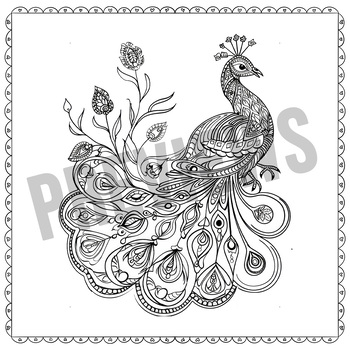 Preview of Peacock with Mandala Coloring Page Kids, Adults, Peacocks Coloring Wild Animal