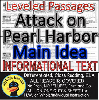 Preview of Pearl Harbor Close Reading Leveled Passages MAIN IDEA FLUENCY CHECK TDQs & More