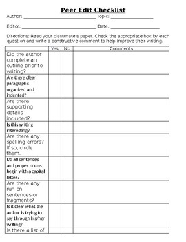 Peer Edit Checklist by Stack's Station | TPT