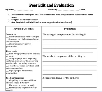 Preview of Peer Edit Evaluation Sheet