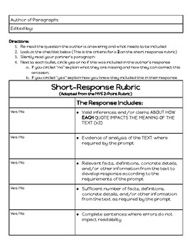 Preview of Peer Editing Checklist for NYS 2-point rubric