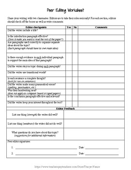 Peer Editing Worksheet by Tracye Nance | Teachers Pay Teachers